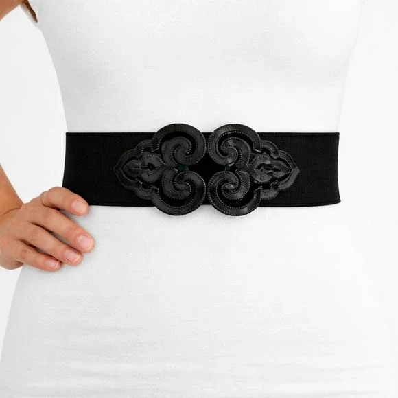 Vintage Style Black Elastic Cinch Belt Gunmetal Filigree Scroll Buckle Wide - Picture 1 of 4